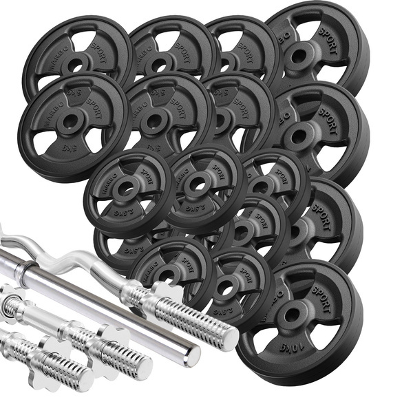 Fitnesz gumírozott lemez-készlet Tri-Grip + rúd-készlet / 113 kg - Marbo Sport