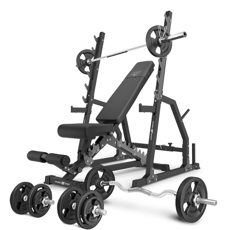 Szett MS3_2.0_83KG | kétoldalas pad + többpozíciós állvány + rúd és súlyzótányérok szett 83 kg - Marbo Sport