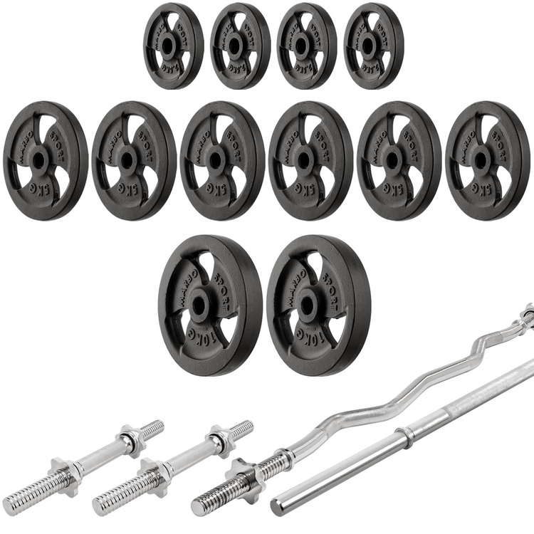 Szett MS34_2.0_83KG | kétoldalas pad + többszintű súlyzóállványok (2 db) + rúd és súlyzótányérok szett 83 kg - Marbo Sport