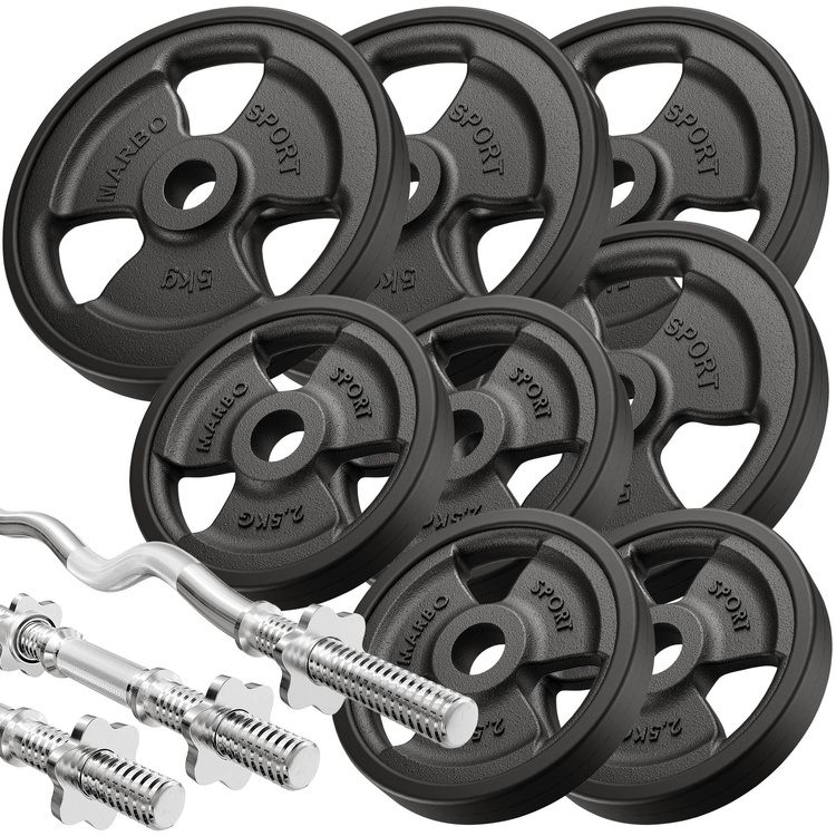 Szett MS39_2.0_42KG_G | állítható edzőpad + láberősítő + Scott pad + rúd és súlyzótányérok gumírozott szett 42 kg- Marbo Sport