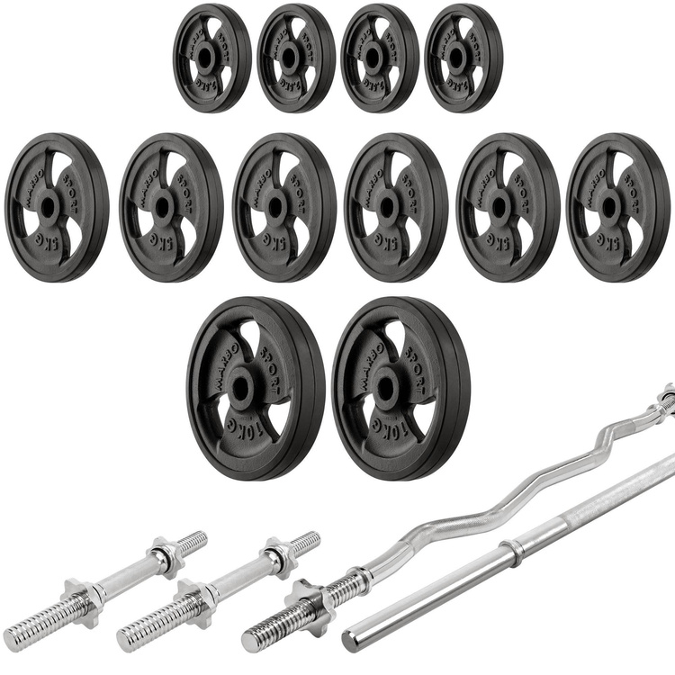 Szett MS5_2.0_83KG_G | kétoldalas pad + kombinált állványok + Scott pad + rúd és súlyzótányérok gumírozott szett 83 kg - Marbo Sport