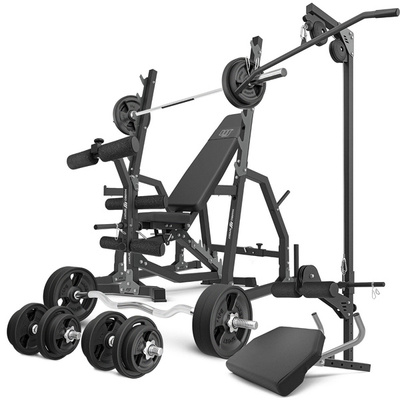Szett MS36_2.0_113KG_G | kétoldalasan állítható edzőpad + többpozíciós állvány + láberősítő + Scott pad + felső és alsó lehúzó + rúd és súlyzótányérok gumírozott szett 113 kg - Marbo Sport