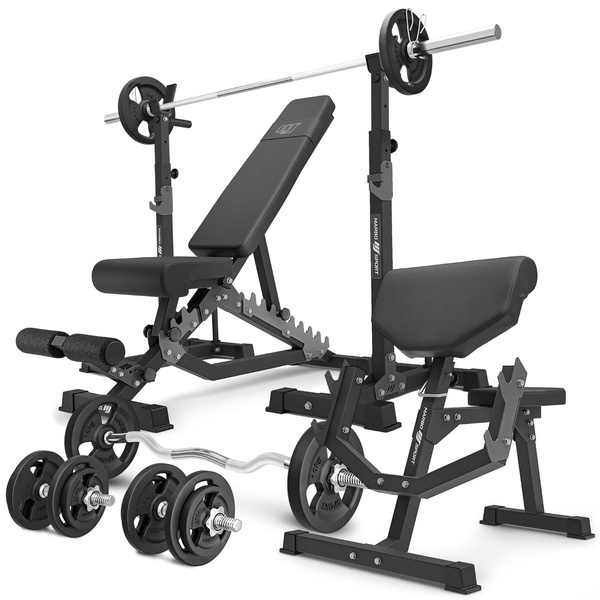 Szett MS33_2.0_83KG | kétoldalas pad + többszintű súlyzóállványok (2 db) + Scott pad + rúd és súlyzótányérok szett 83 kg - Marbo Sport