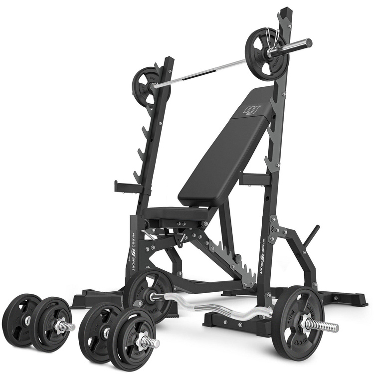 Szett MS8_2.0_83KG_G | kétoldalasan állítható edzőpad + többszintes állványok (2 db) + rúd és súlyzótányérok gumírozott szett 83 kg - Marbo Sport