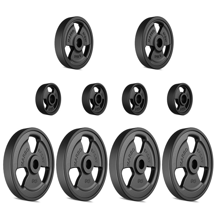 Tri-Grip gumírozott öntöttvas Súlyzótárcsa ø31 mm furat | Szett 29 kg / 4 x 5 kg + 2 x 2,5 kg + 4 x 1 kg - Marbo Sport