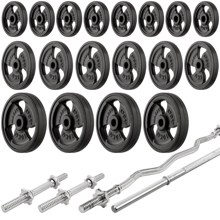 Szett MS33_2.0_113KG_G | kétoldalas pad + többszintű súlyzóállványok (2 db) + Scott pad + rúd és súlyzótányérok gumírozott szett 113 kg - Marbo Sport
