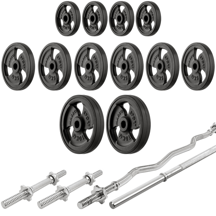 Szett MH7_110KG_KIER_G | Állítható edzőpad + súlyzóállvány MH-S201 x2 + gumírozott súlylemezek és rudak 83 kg - Marbo Sport