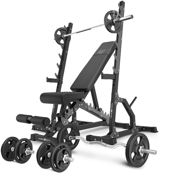 Szett MS24_2.0_83KG | kétoldalas pad + többszintes állványok (2 db) + rúd és súlyzótányérok szett 83 kg - Marbo Sport