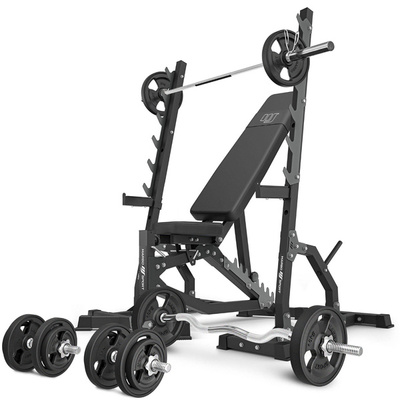 Szett MS8_2.0_83KG_G | kétoldalasan állítható edzőpad + többszintes állványok (2 db) + rúd és súlyzótányérok gumírozott szett 83 kg - Marbo Sport